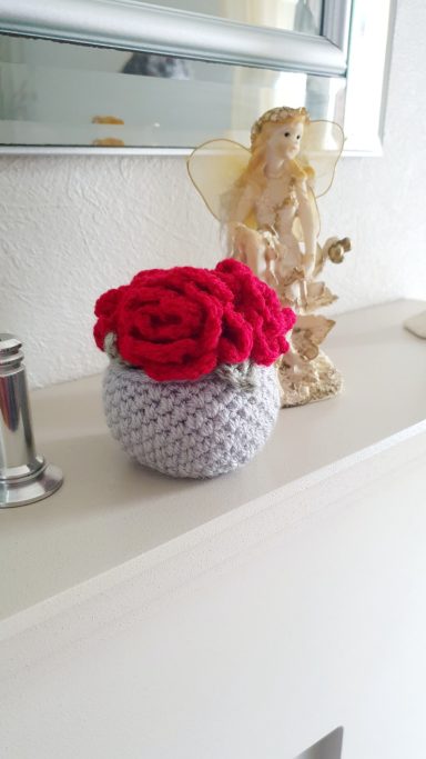 A mini plant pot with red flowers in it